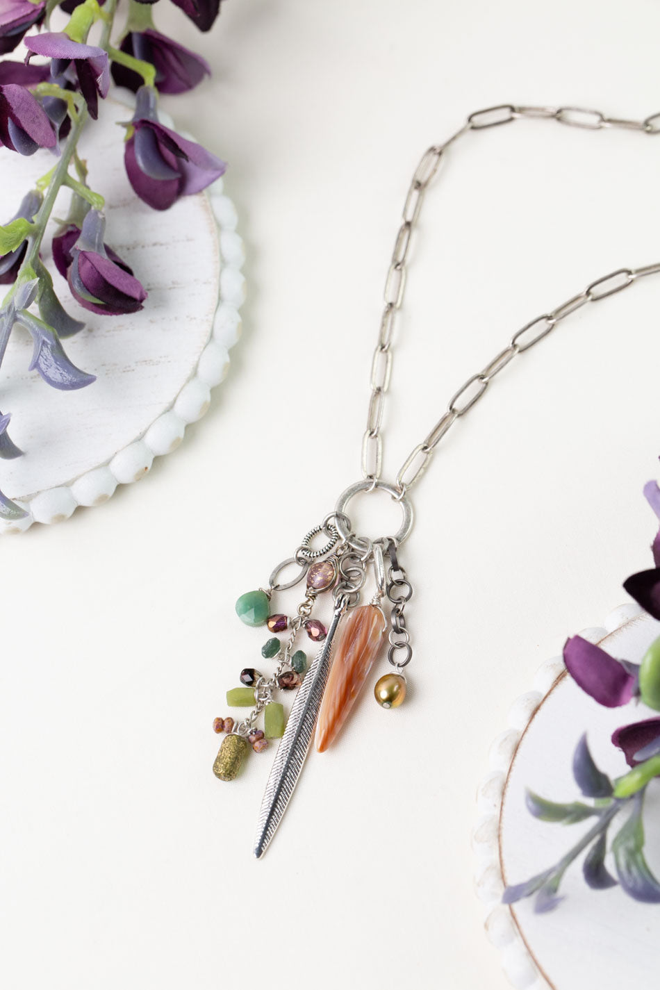 Water Lily 31-33" Czech Glass, Prehnite, Freshwater Pearl with Pink Abalone Cluster Necklace