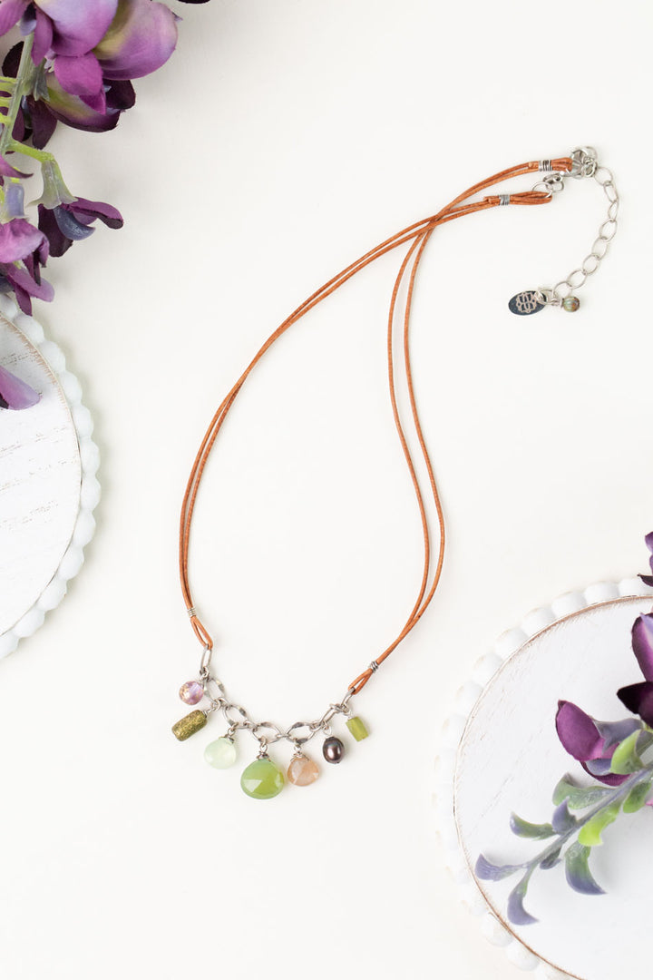Water Lily 16.5-18.5" Czech Glass, Prehnite, Freshwater Pearl Simple Necklace