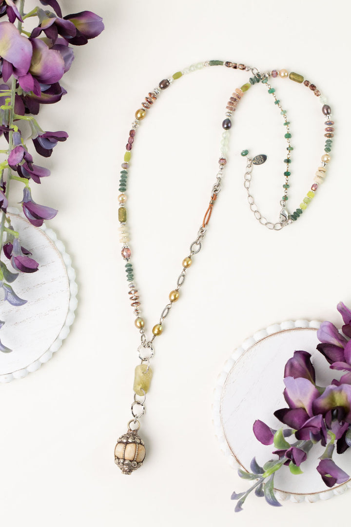 Water Lily 25.5-27.5" Czech Glass, Freshwater Pearl, Prehnite Collage Necklace