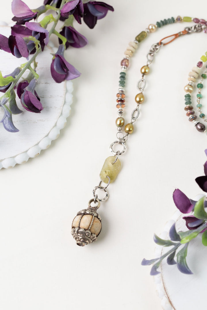 Water Lily 25.5-27.5" Czech Glass, Freshwater Pearl, Prehnite Collage Necklace