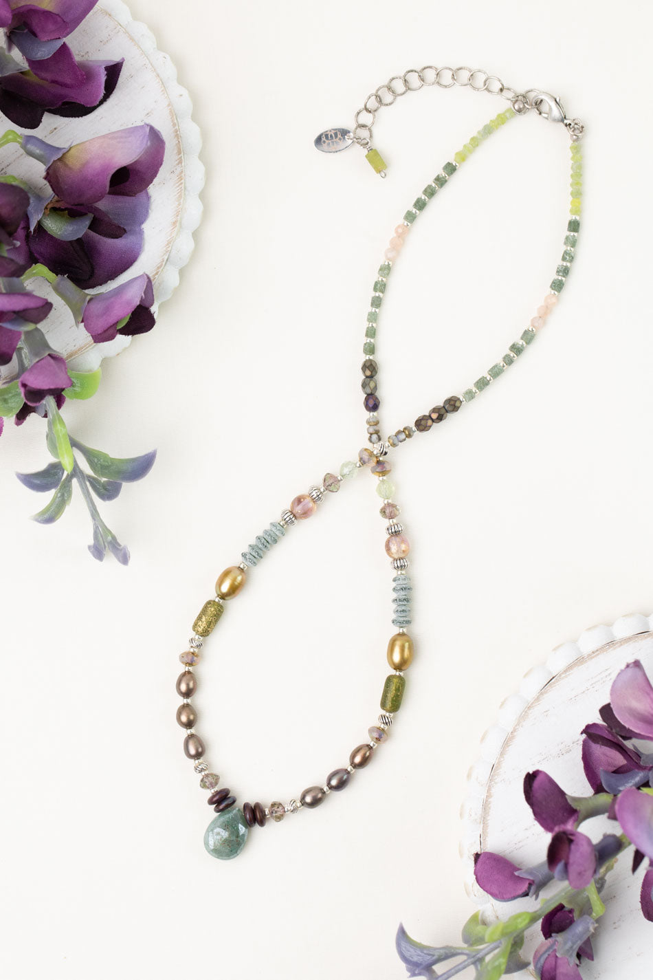 Water Lily 17-19" Czech Glass, Freshwater Pearl, Prehnite Simple Necklace