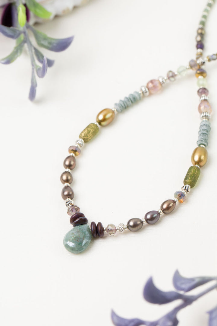 Water Lily 17-19" Czech Glass, Freshwater Pearl, Prehnite Simple Necklace