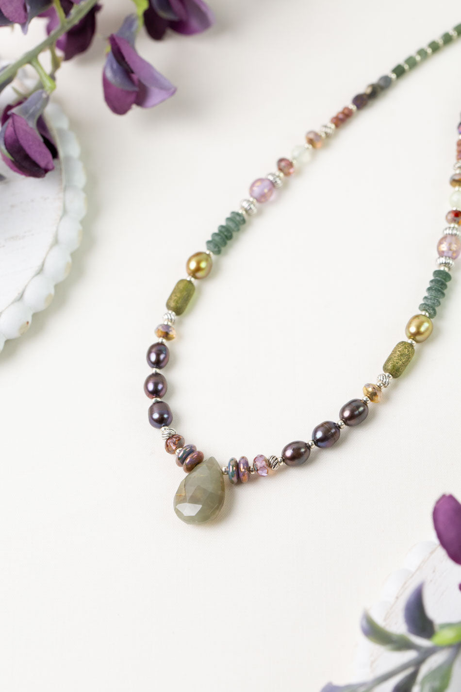 Water Lily 17-19" Czech Glass, Freshwater Pearl, Prehnite Simple Necklace