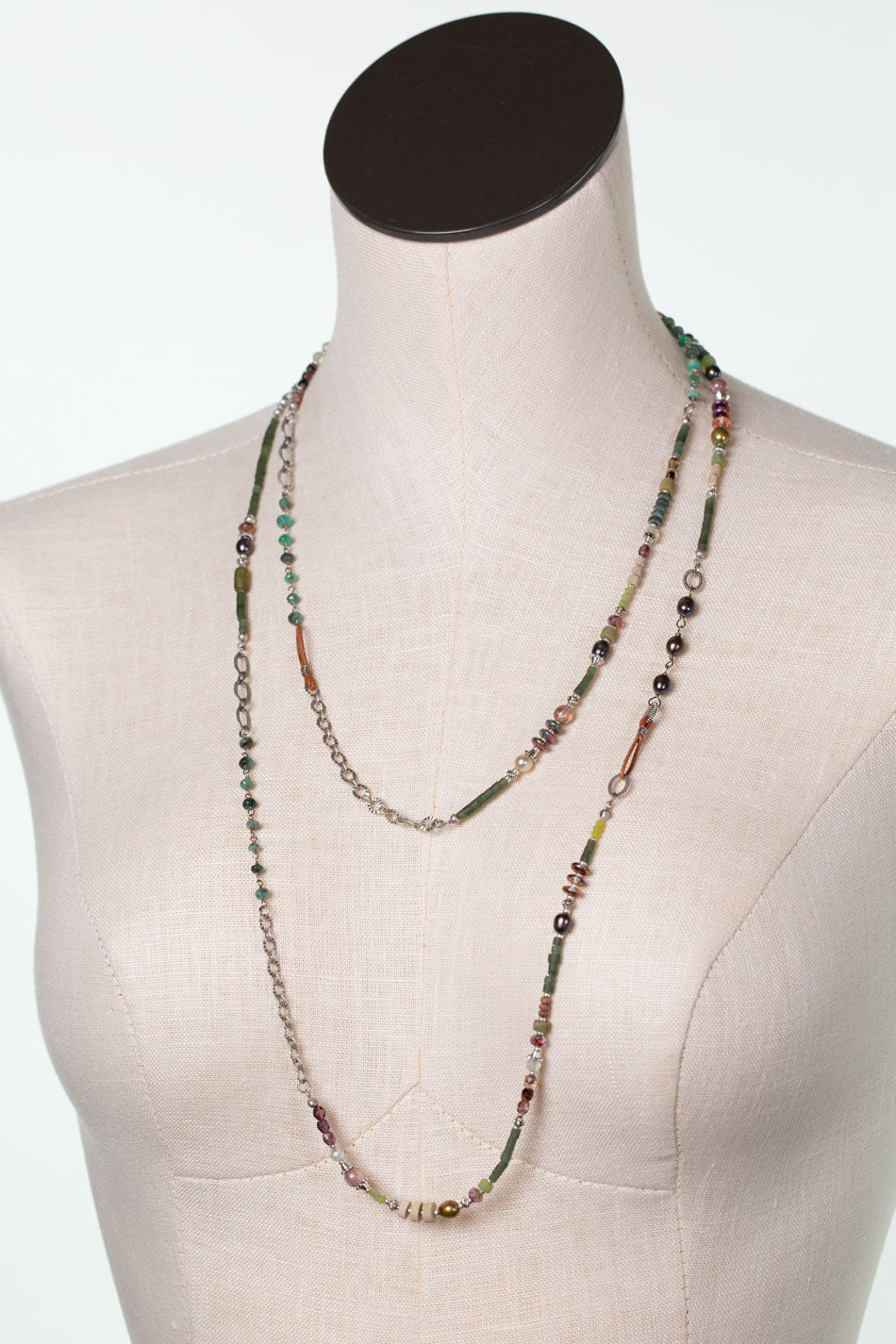 Water Lily 55-57" Czech Glass, Freshwater Pearl, Prehnite Collage Necklace