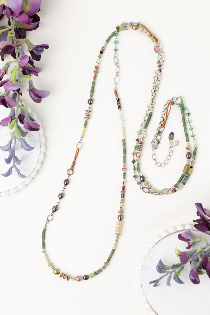 Water Lily 55-57" Czech Glass, Freshwater Pearl, Prehnite Collage Necklace