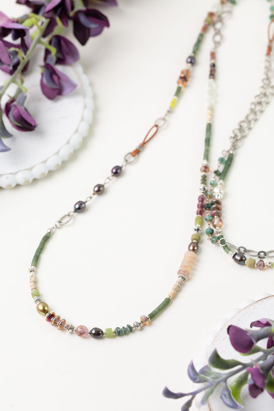 Water Lily 55-57" Czech Glass, Freshwater Pearl, Prehnite Collage Necklace