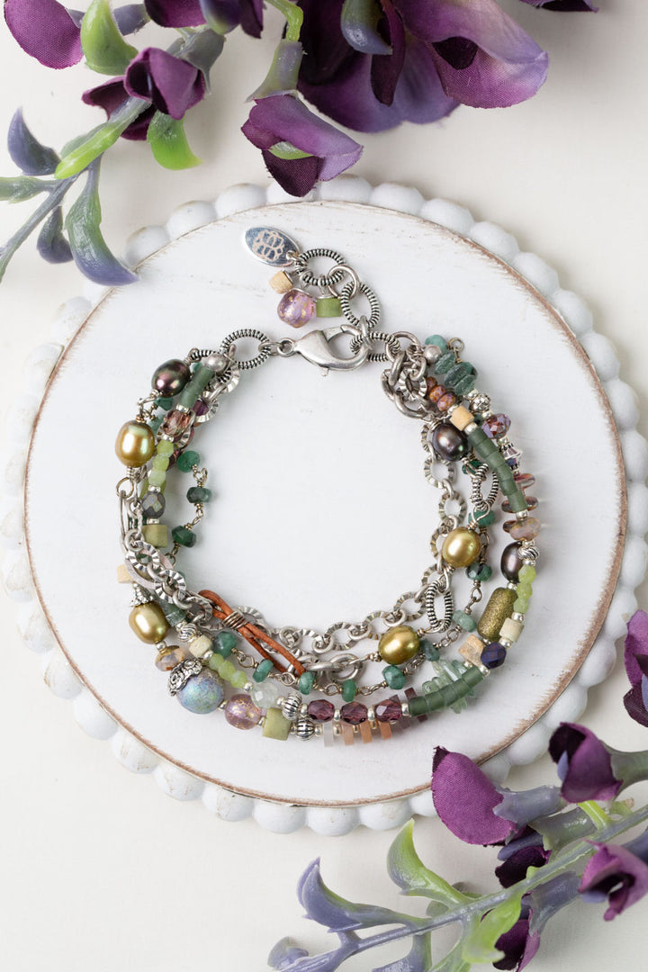 Water Lily 7.5-8.5" Czech Glass, Muscovite, Prehnite Multistrand Bracelet