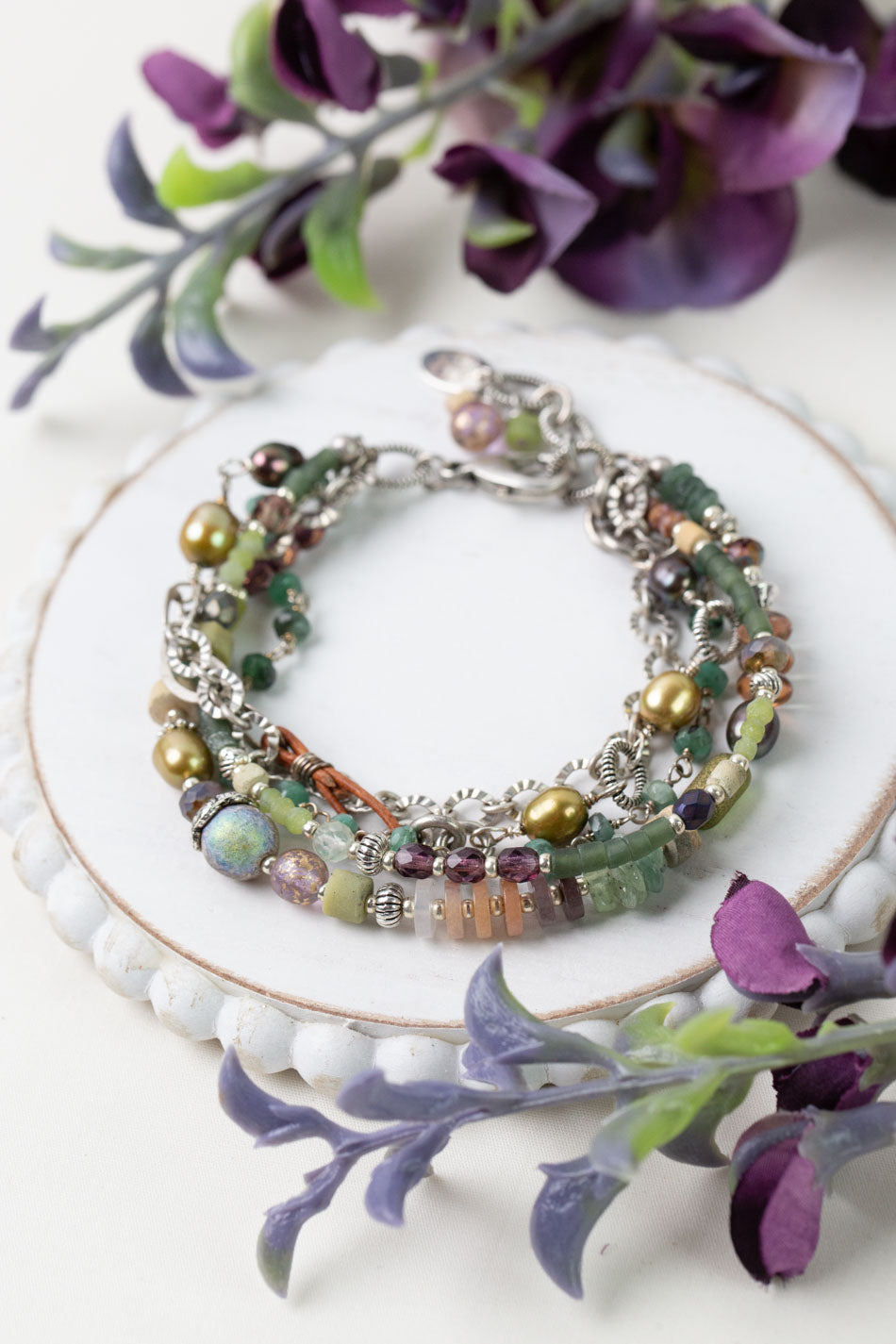 Water Lily 7.5-8.5" Czech Glass, Muscovite, Prehnite Multistrand Bracelet