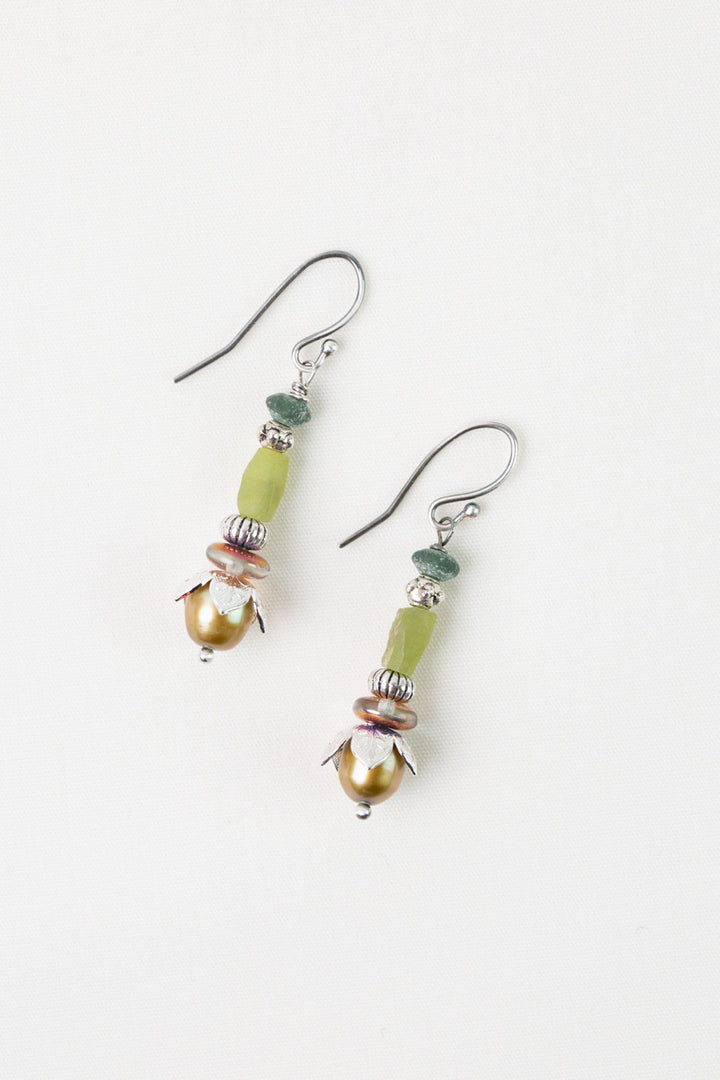 Water Lily Roman Glass, Freshwater Pearl, Czech Glass Simple Earrings