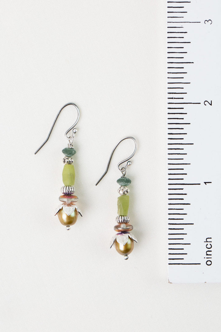 Water Lily Roman Glass, Freshwater Pearl, Czech Glass Simple Earrings