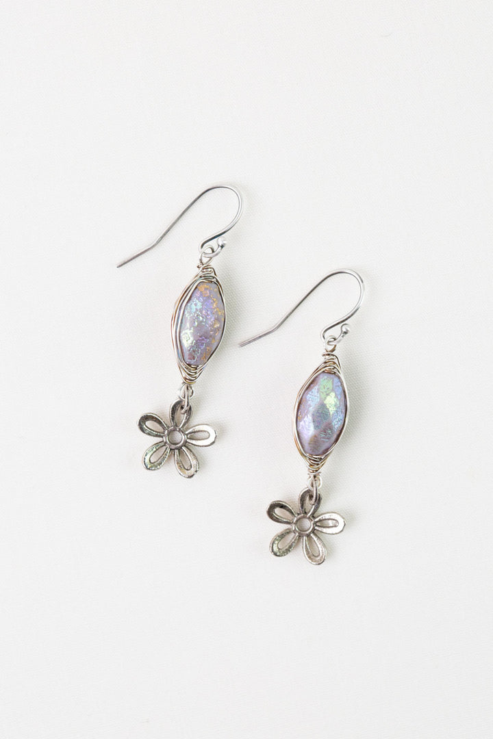 Water Lily Flower Dangle, Czech Glass Herringbone Earrings