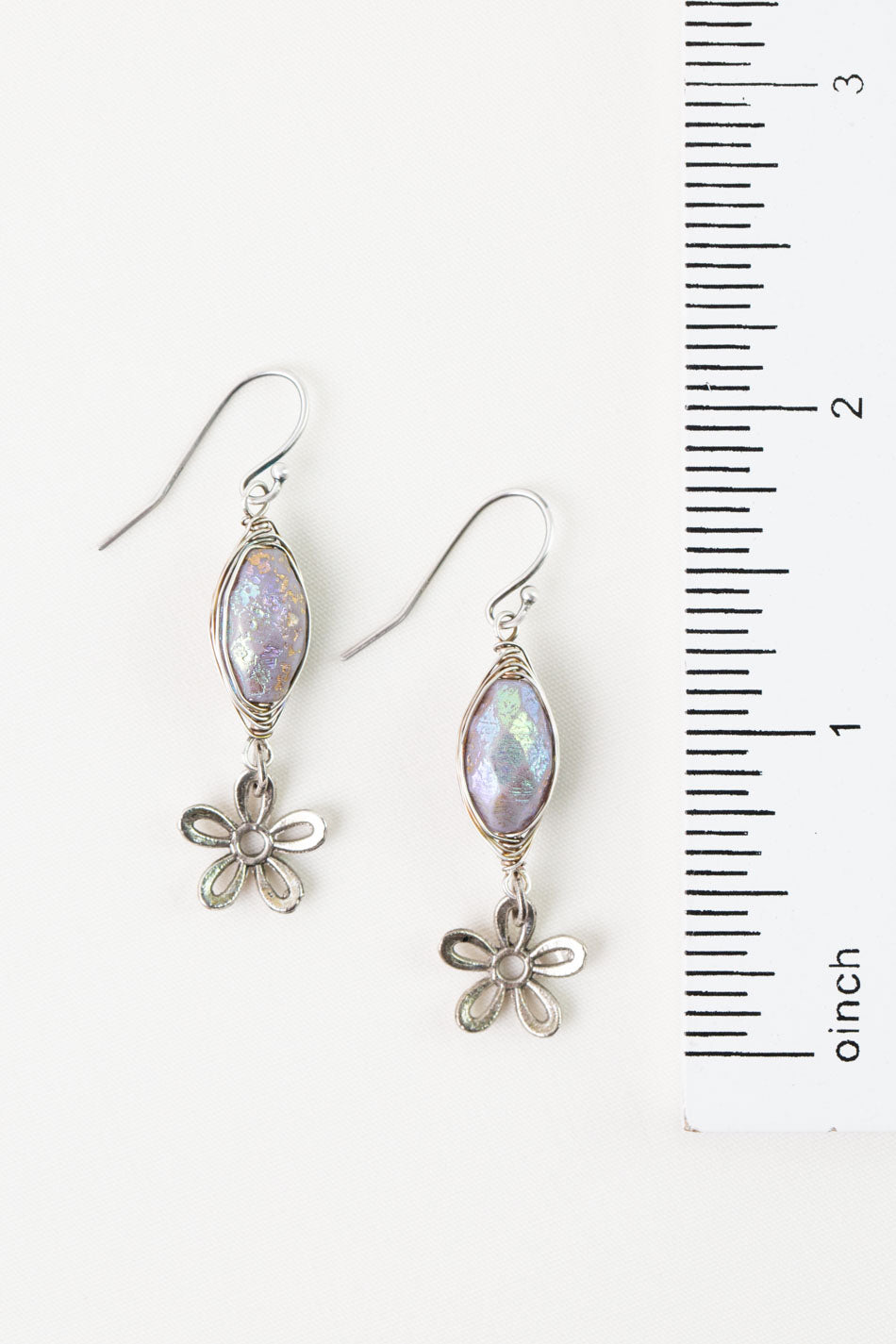 Water Lily Flower Dangle, Czech Glass Herringbone Earrings