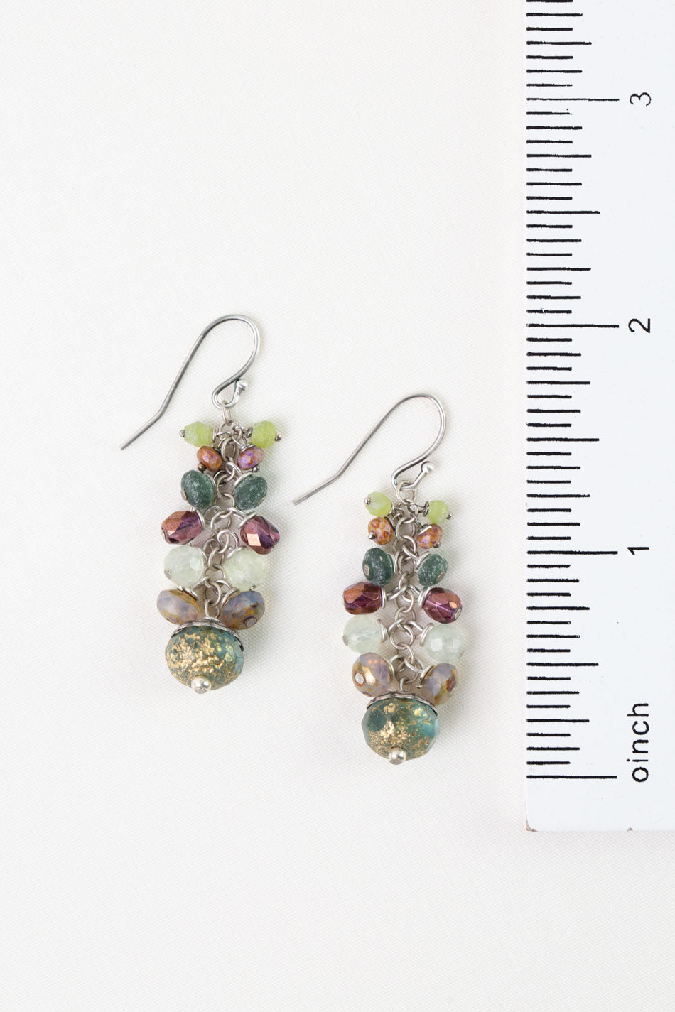 Water Lily Czech Glass, Prehnite, Roman Glass Cluster Earrings