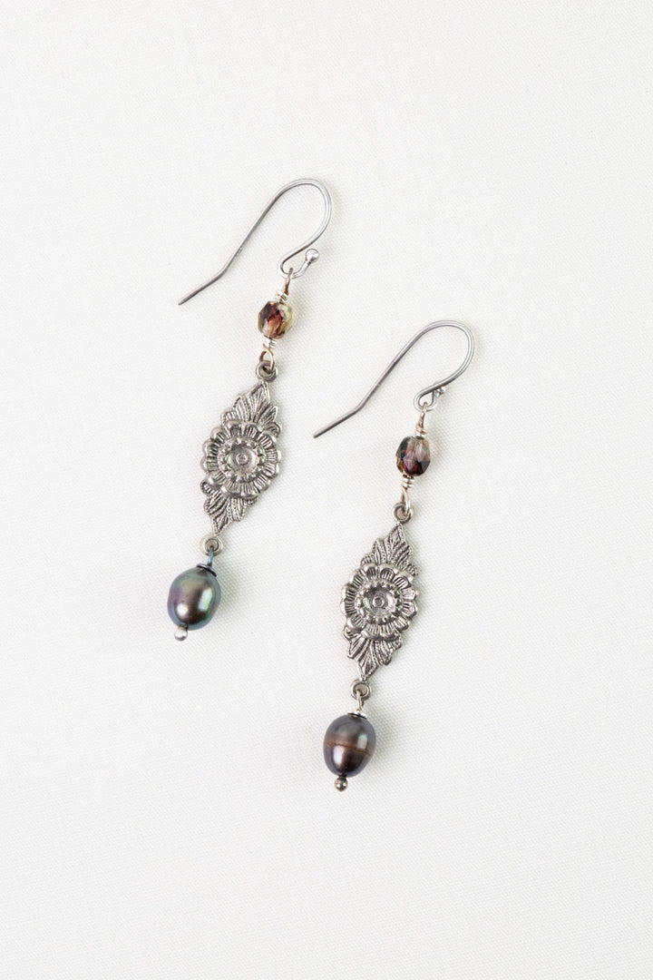 Water Lily Czech Glass, Freshwater Pearl Simple Earrings