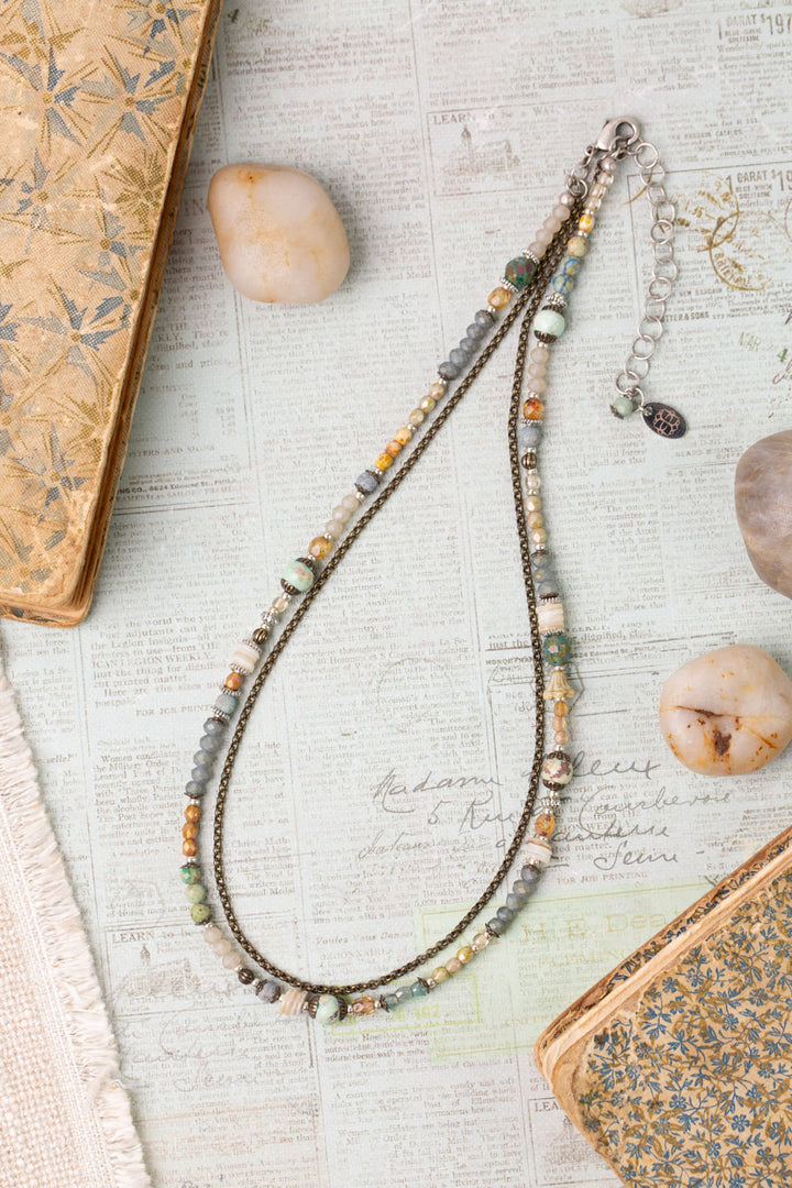 Wisdom Within 16.5-18.5" Czech Glass, Caribbean Calcite Shell With Patina Dragonfly Pendant Multistrand Necklace