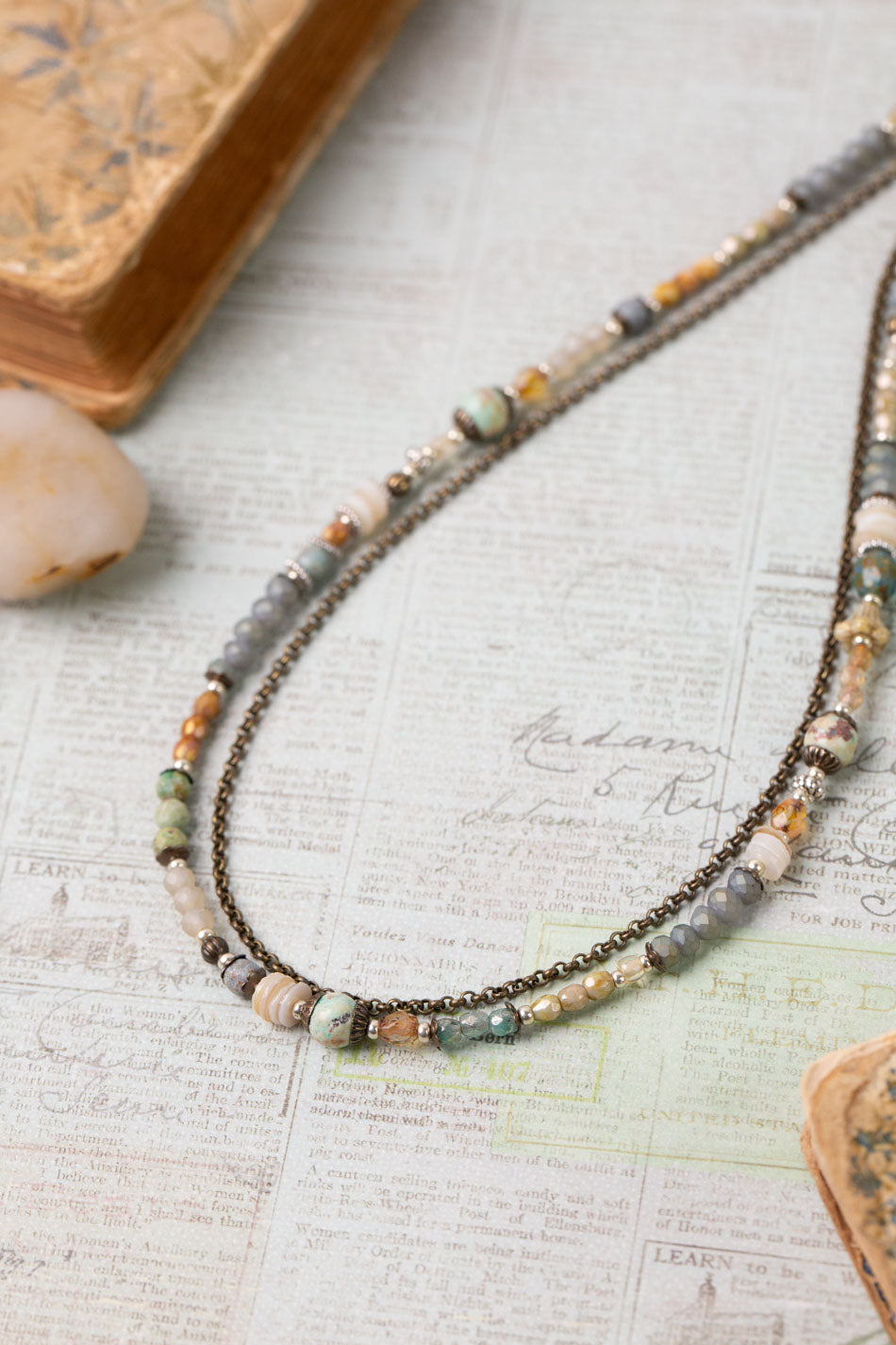Wisdom Within 16.5-18.5" Czech Glass, Caribbean Calcite Shell With Patina Dragonfly Pendant Multistrand Necklace