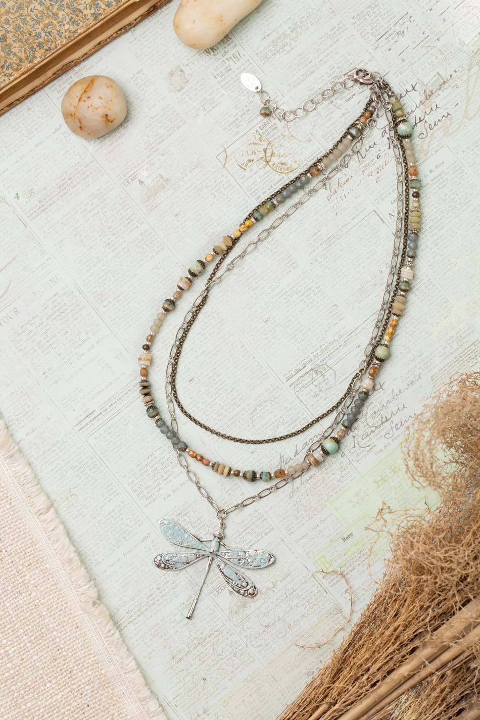 Wisdom Within 16.5-18.5" Czech Glass, Caribbean Calcite Shell With Patina Dragonfly Pendant Multistrand Necklace