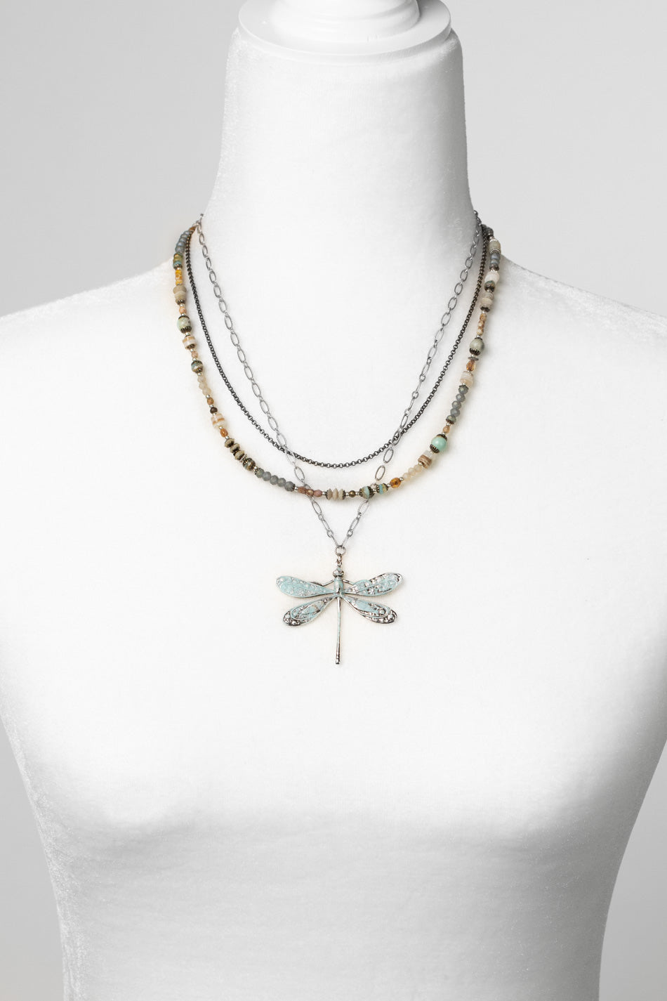 Wisdom Within 16.5-18.5" Czech Glass, Caribbean Calcite Shell With Patina Dragonfly Pendant Multistrand Necklace