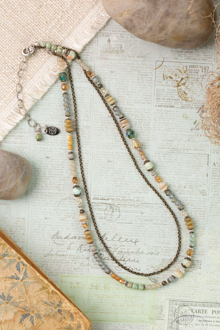 Wisdom Within 16.5-18.5" Czech Glass, Caribbean Calcite Shell With Patina Dragonfly Pendant Multistrand Necklace