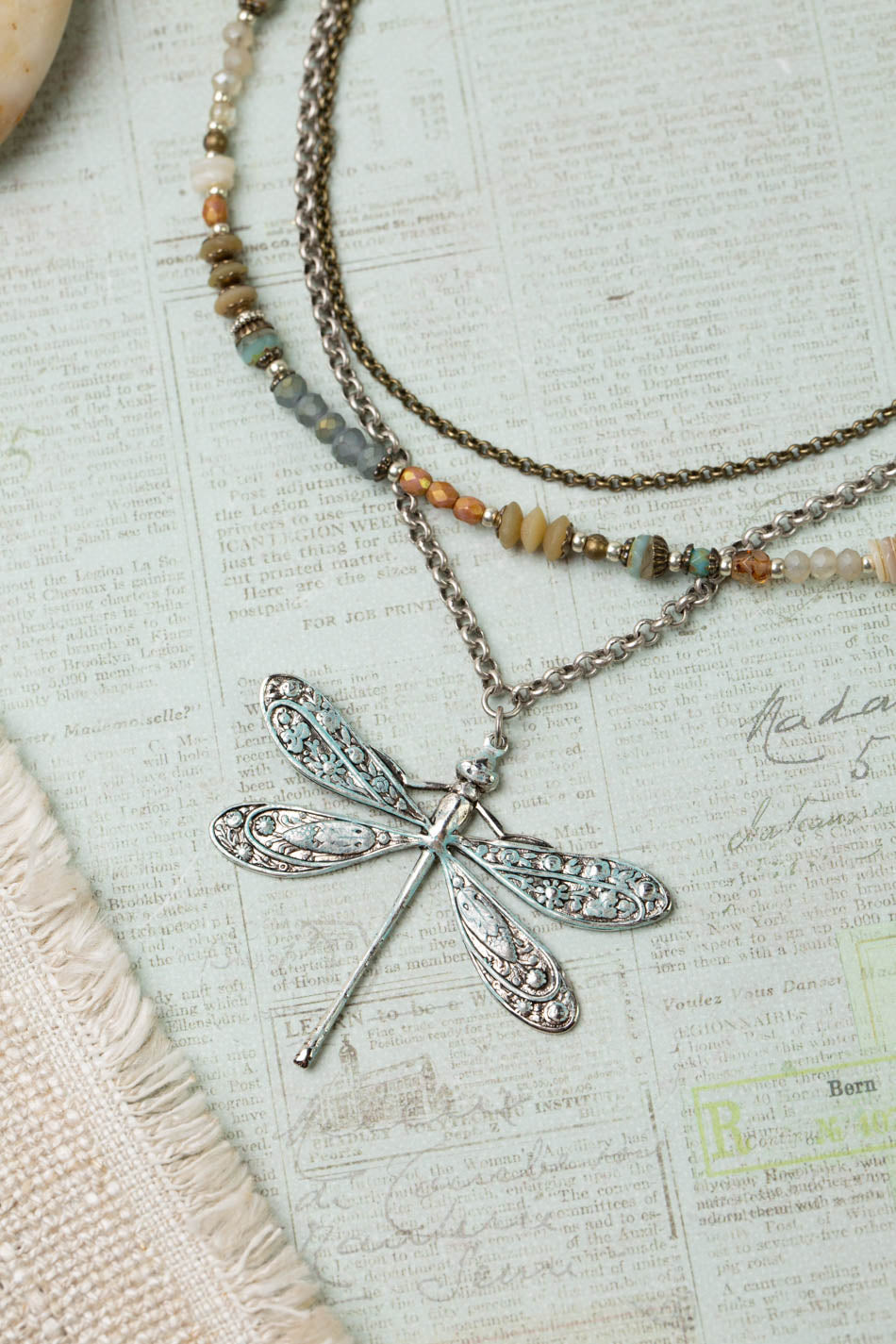 Wisdom Within 16.5-18.5" Czech Glass, Caribbean Calcite Shell With Patina Dragonfly Pendant Multistrand Necklace