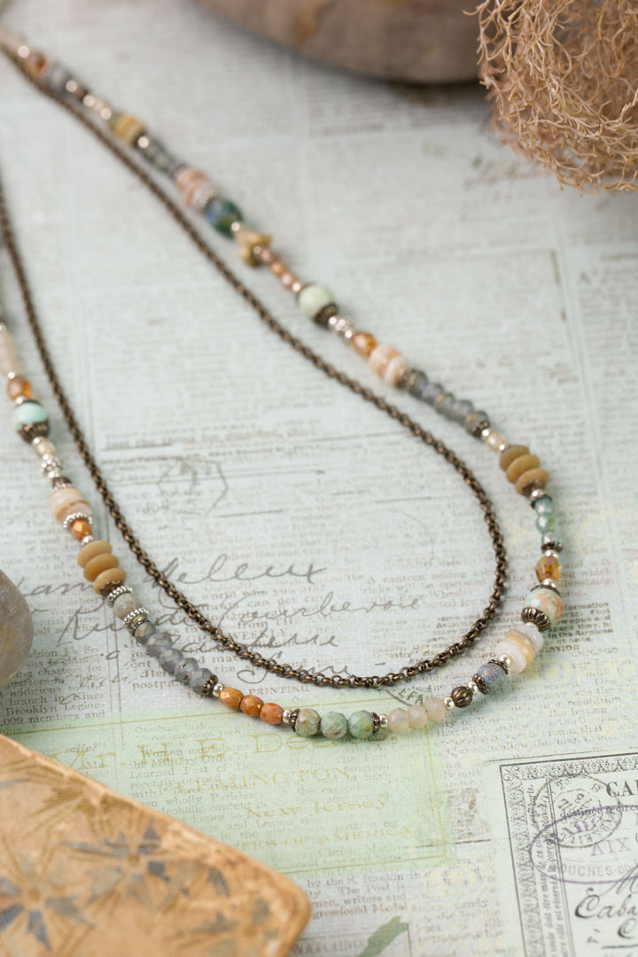 Wisdom Within 16.5-18.5" Czech Glass, Caribbean Calcite Shell With Patina Dragonfly Pendant Multistrand Necklace