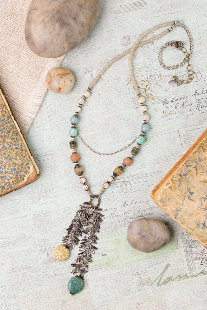 Wisdom Within 27-29" Peruvian Turquoise, Calcite, Peruvian Opal With Czech Glass Flower And Amazonite Cluster Necklace
