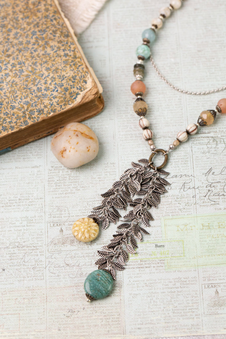 Wisdom Within 27-29" Peruvian Turquoise, Calcite, Peruvian Opal With Czech Glass Flower And Amazonite Cluster Necklace