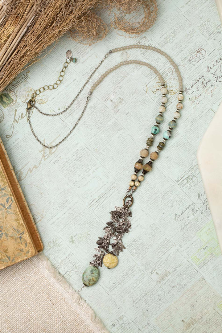Wisdom Within 27-29" Peruvian Turquoise, Calcite, Peruvian Opal With Czech Glass Flower And Amazonite Cluster Necklace
