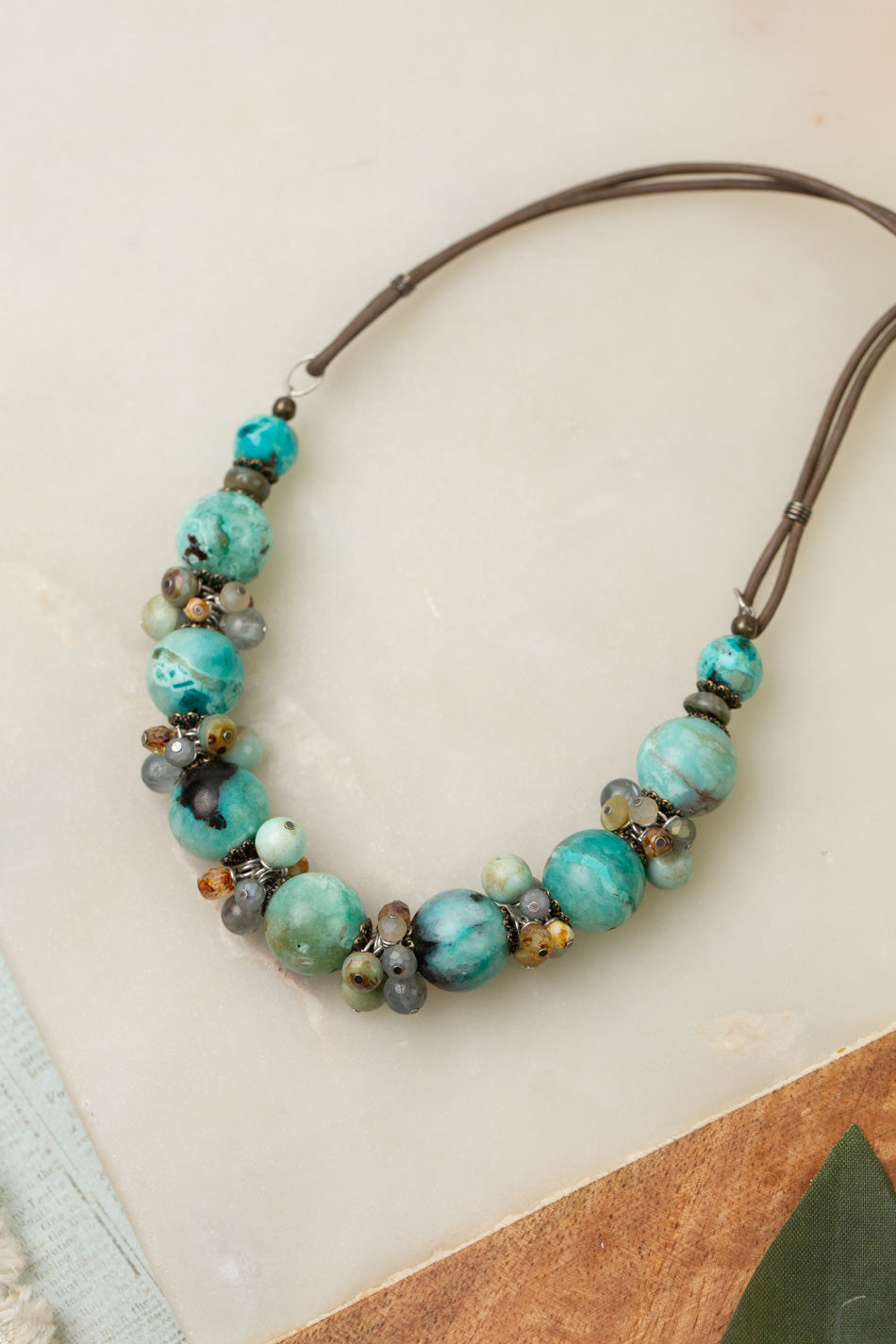 Wisdom Within 18-20" Shell, Crystal With Tibetan Turquoise Cluster Necklace