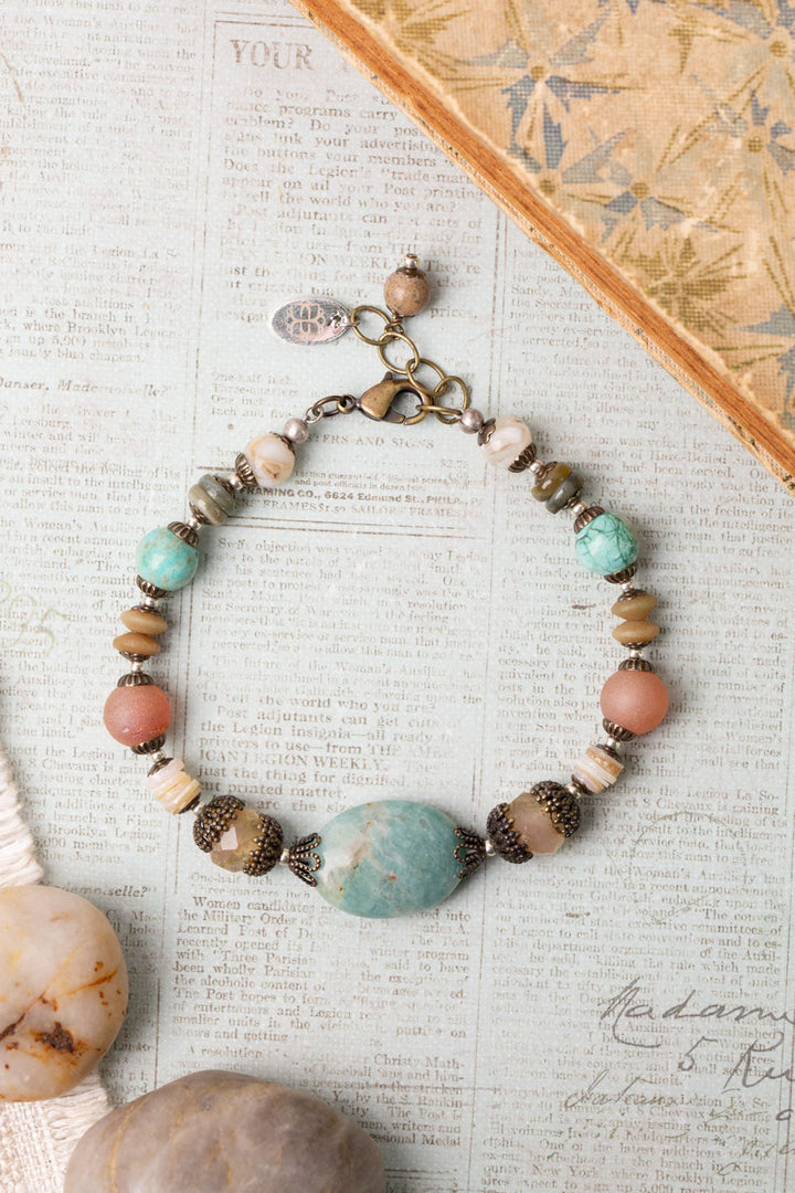 Wisdom Within 7.5-8.5" Czech Glass, Agate, Shell With Jasper Collage Bracelet