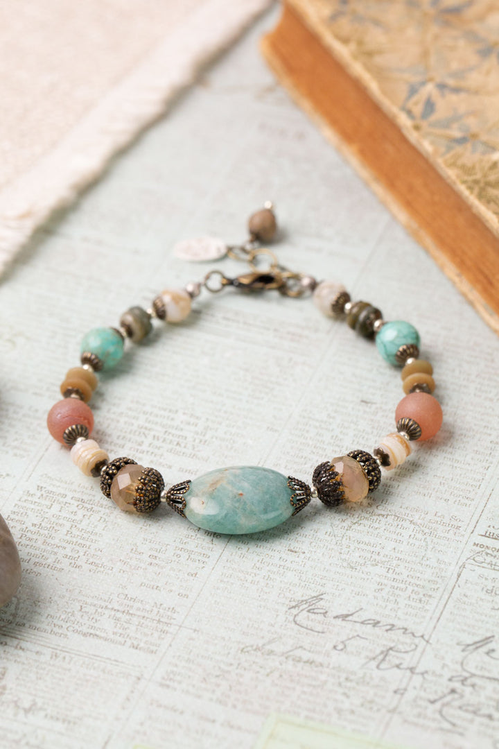 Wisdom Within 7.5-8.5" Czech Glass, Agate, Shell With Jasper Collage Bracelet