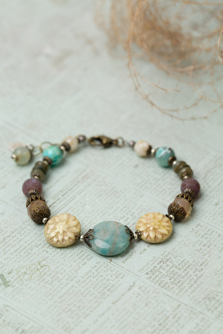 Wisdom Within 7.5-8.5" Czech Glass Flowers, Peruvian Turquoise, Crackle Agate With Amazonite Collage Bracelet