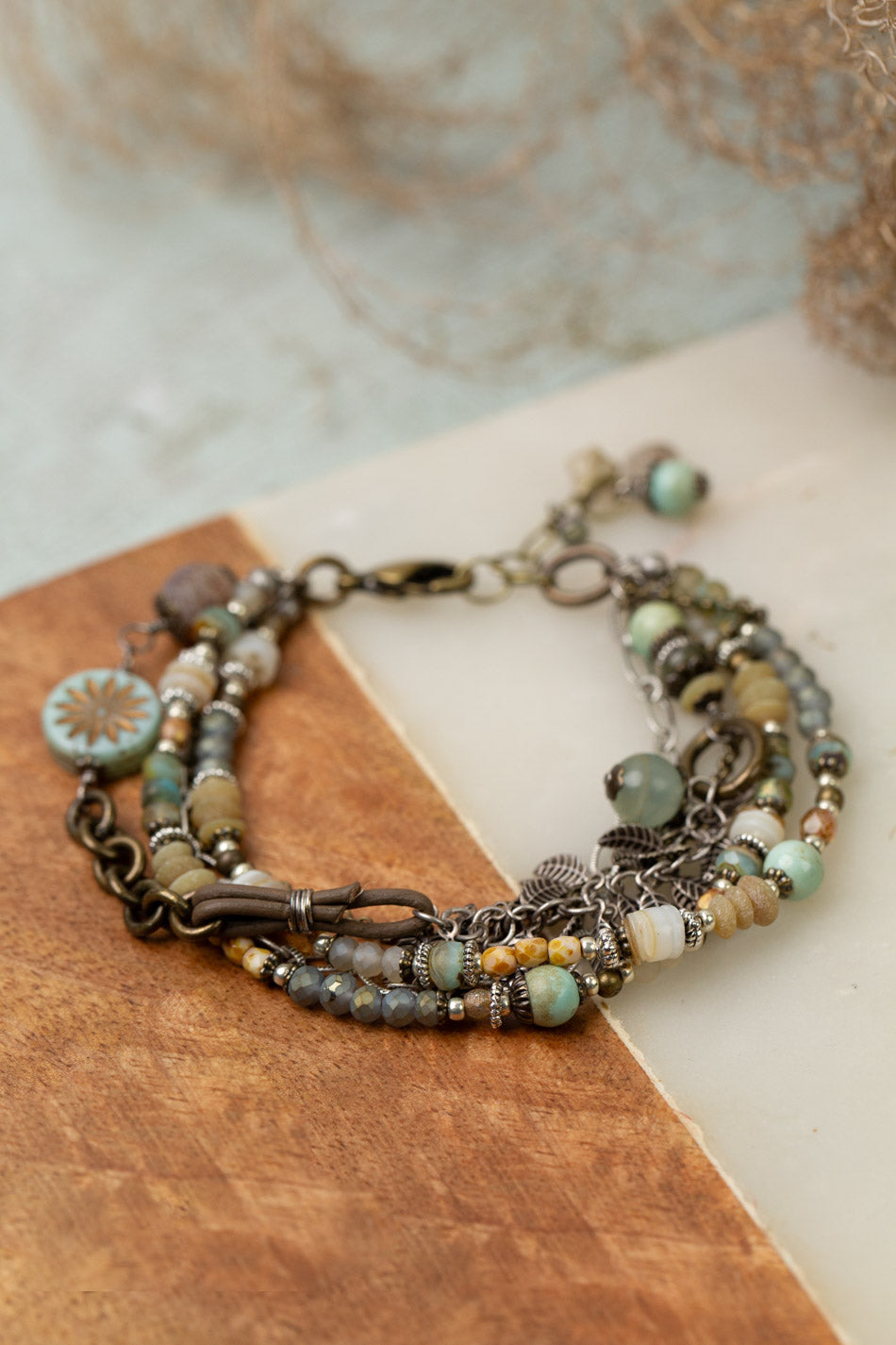 Wisdom Within 7.5-8.5" Turquoise With Antique Brass Etching Flower, Carribean Calcitte, Blue Calcite Multistrand Bracelet