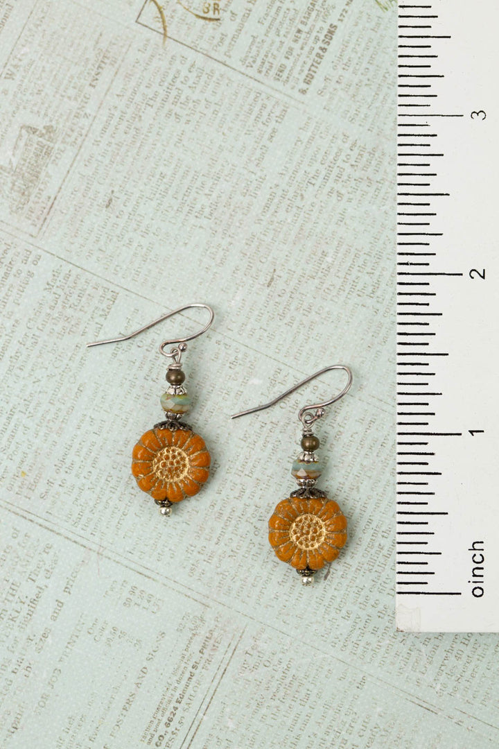 Wisdom Within Turquoise, Antique Brass With Orange Czech Glass Sunflower With Gold Etching Simple Earrings