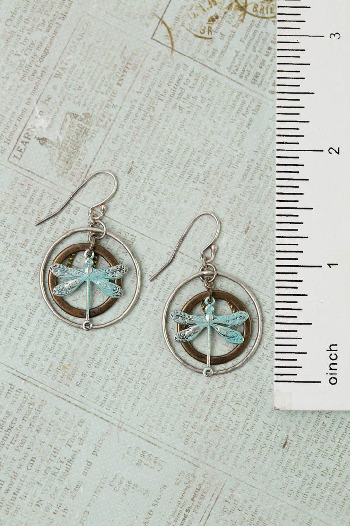 Wisdom Within Patina Antique Silver Dragonfly Hoop Earrings