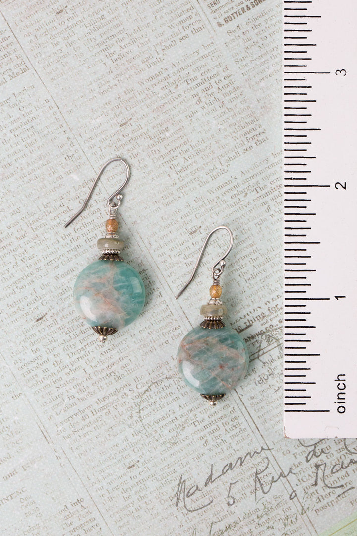 Wisdom Within Czech Glass, Cats Eye With Coin Shaped Amazonite Simple Earrings