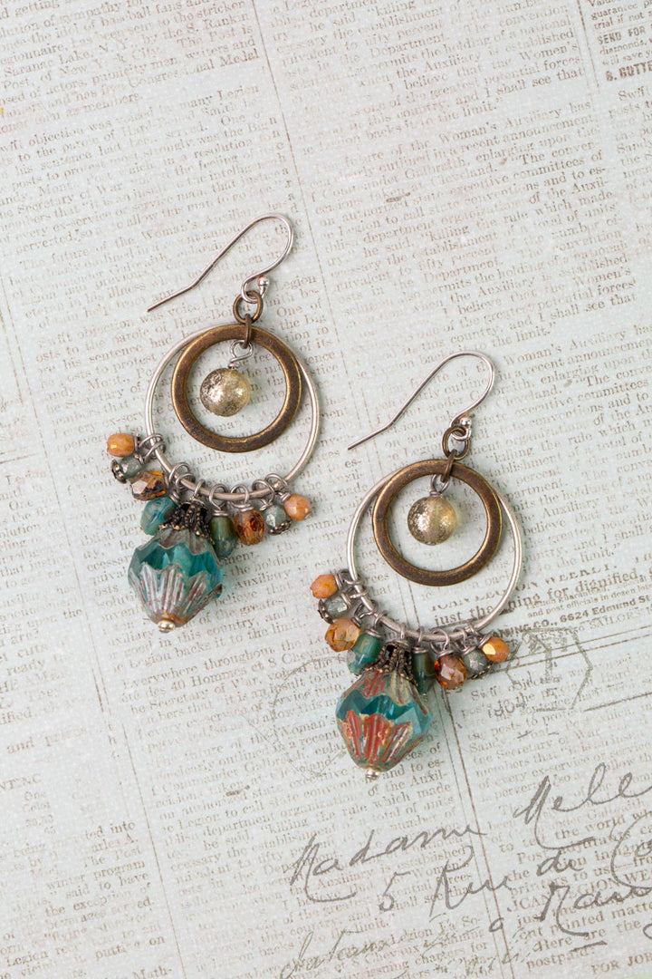 Wisdom Within Turquoise Blue Czech Glass Flower With Antique Gold Etching Cluster Earrings