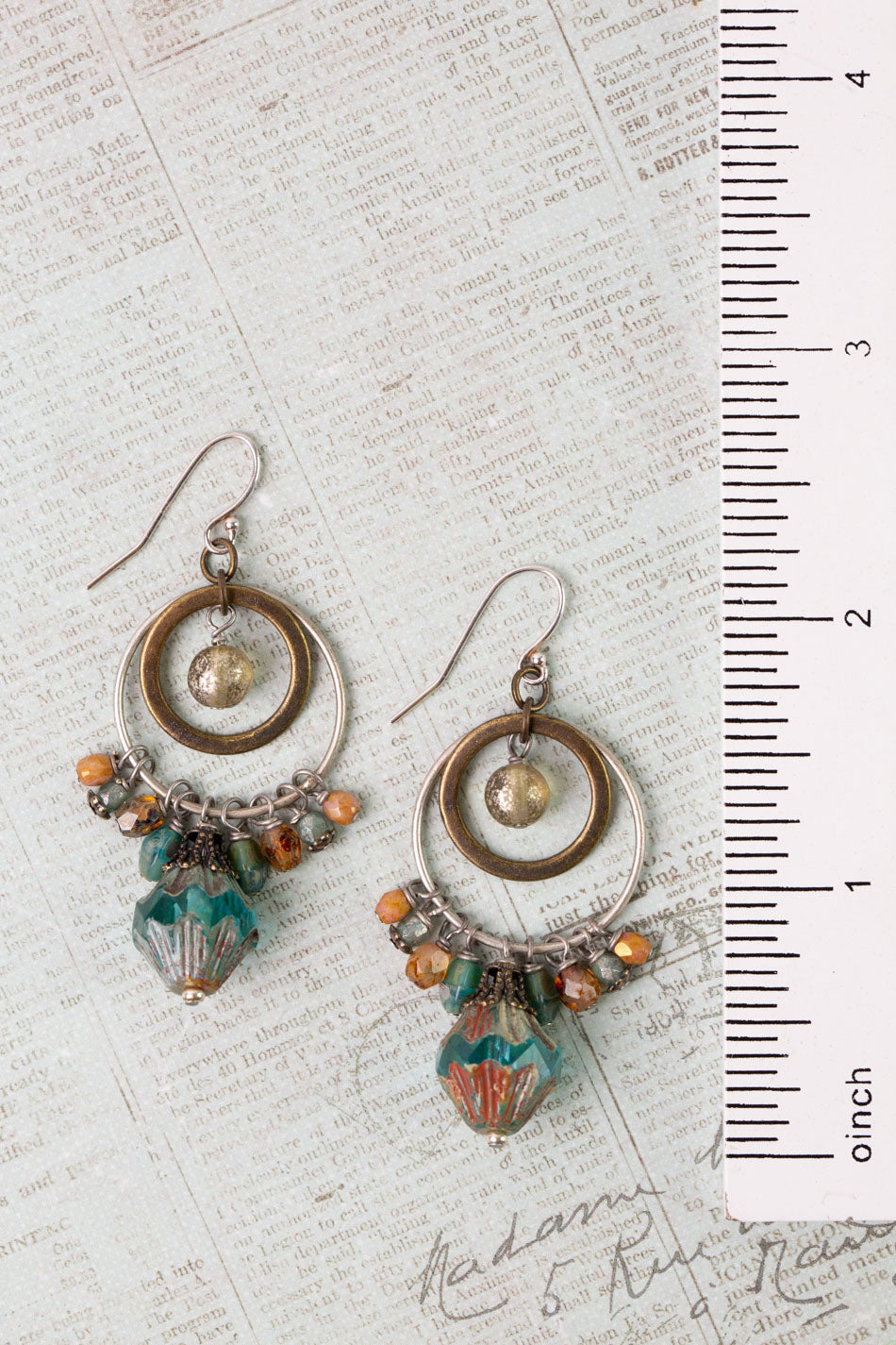 Wisdom Within Turquoise Blue Czech Glass Flower With Antique Gold Etching Cluster Earrings