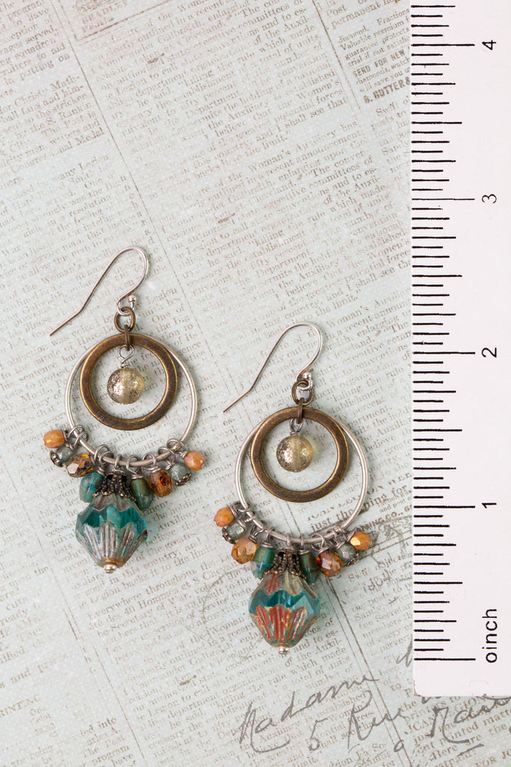 Wisdom Within Turquoise Blue Czech Glass Flower With Antique Gold Etching Cluster Earrings