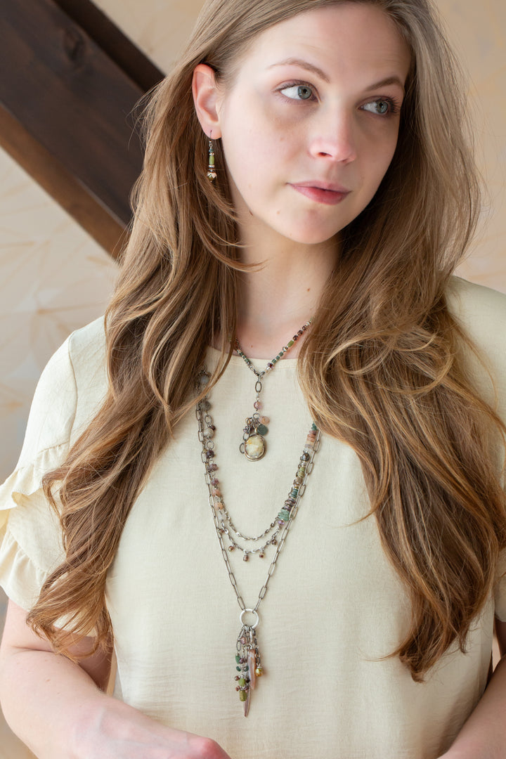 Water Lily 20" Roman Glass, Prehnite, Freshwater Pearl with Yellow Opal Bezel Collage Necklace