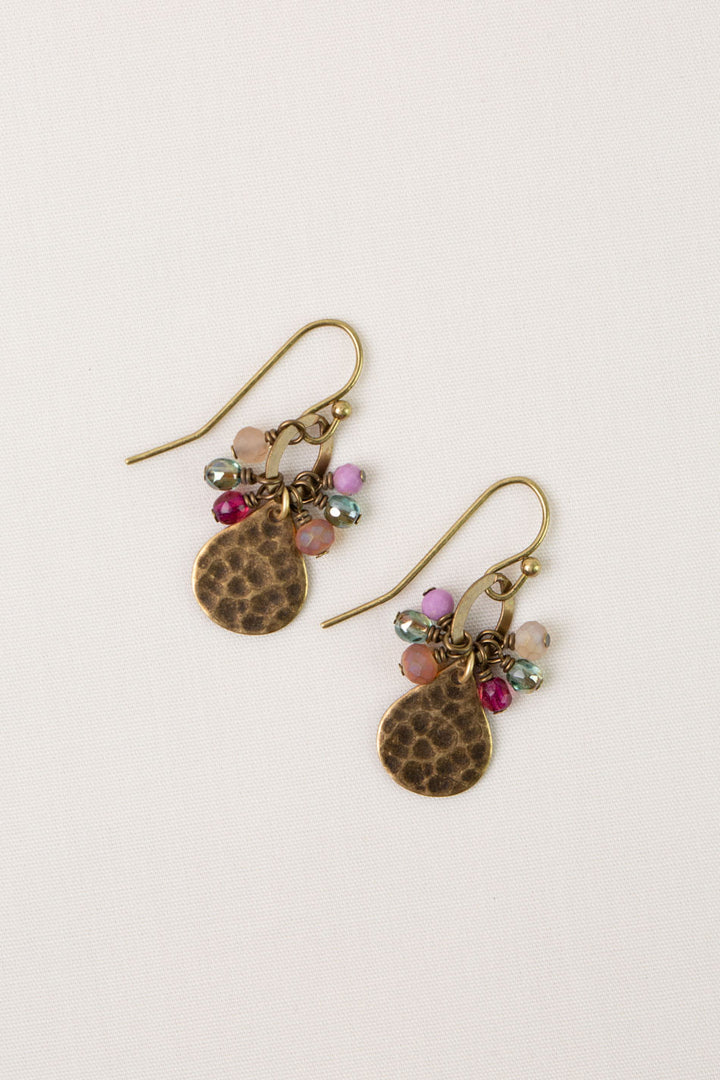 Wildflower Czech Glass, Crystal With Hammered Gold Plated Brass Teardrop Cluster Earrings