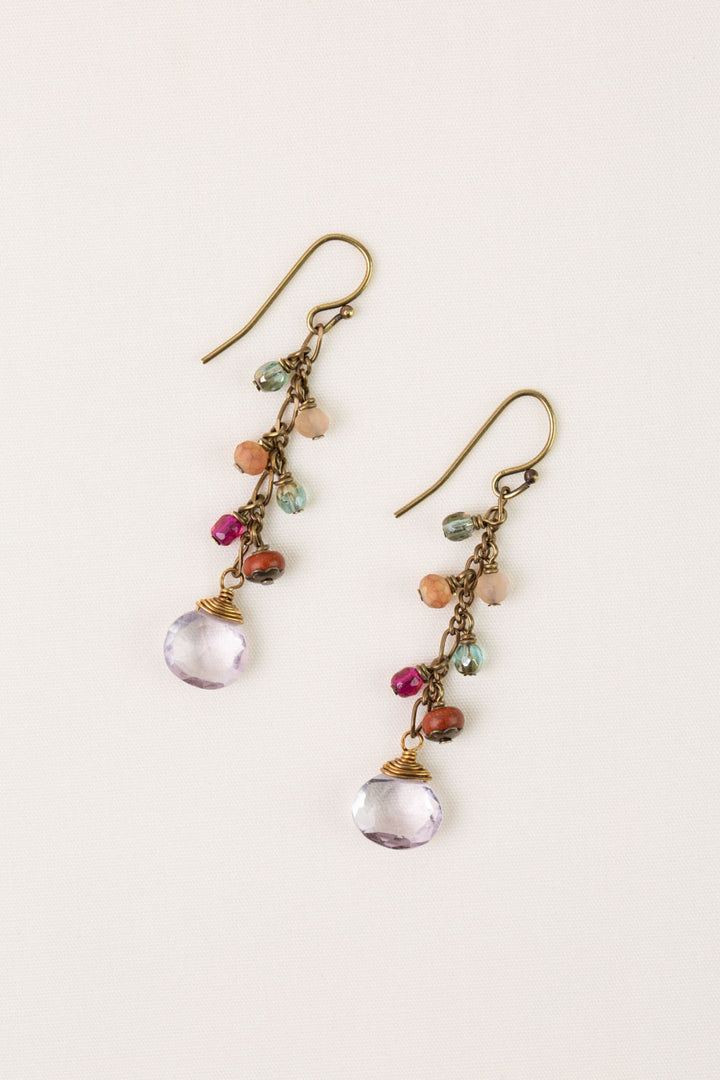 Wildflower Czech Glass, Wood With Faceted Amethyst Ovals Dangle Earrings