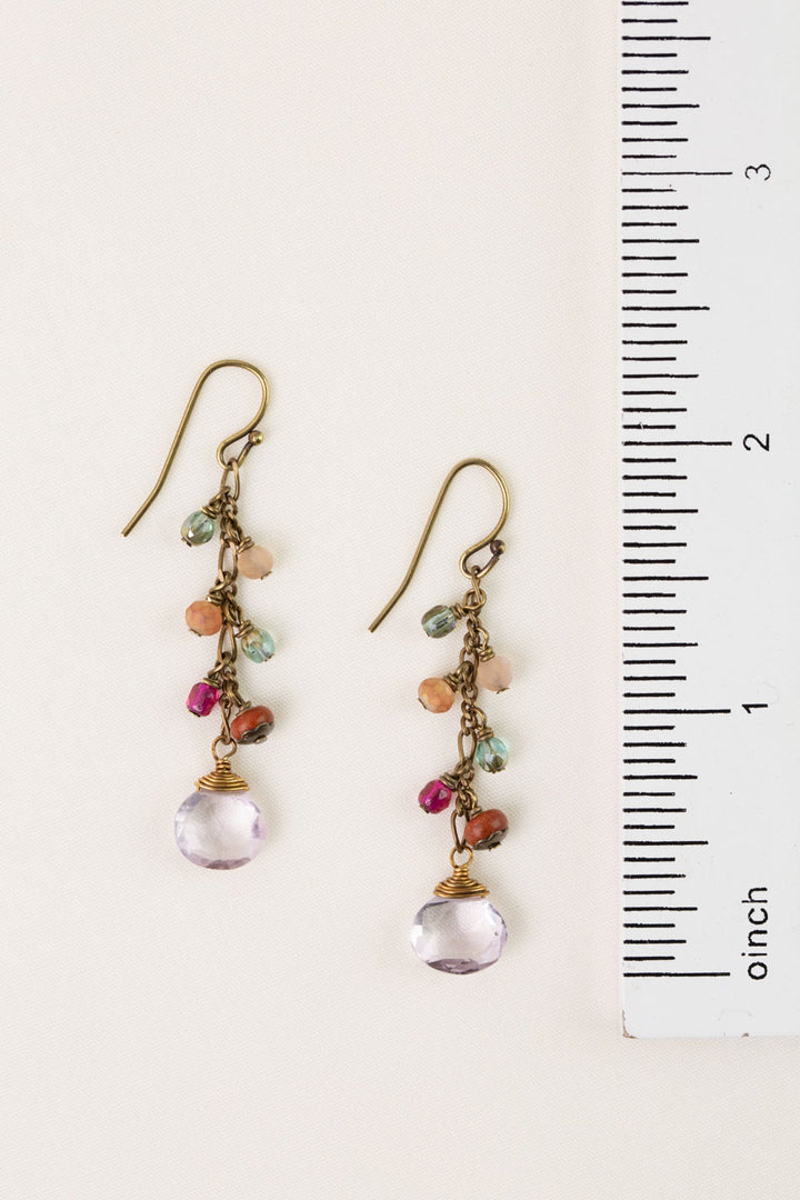 Wildflower Czech Glass, Wood With Faceted Amethyst Ovals Dangle Earrings