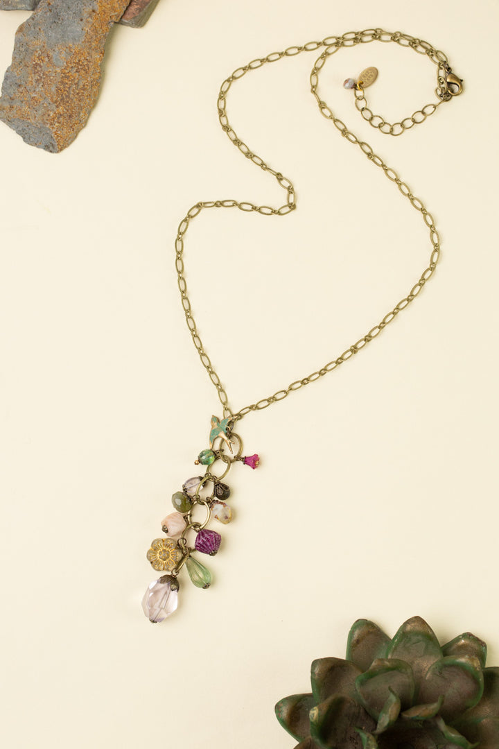 Wildflower 24-26" Czech Glass, Faceted Amethyst, Patina Sparrow, And Peach Moonstone Cluster Necklace