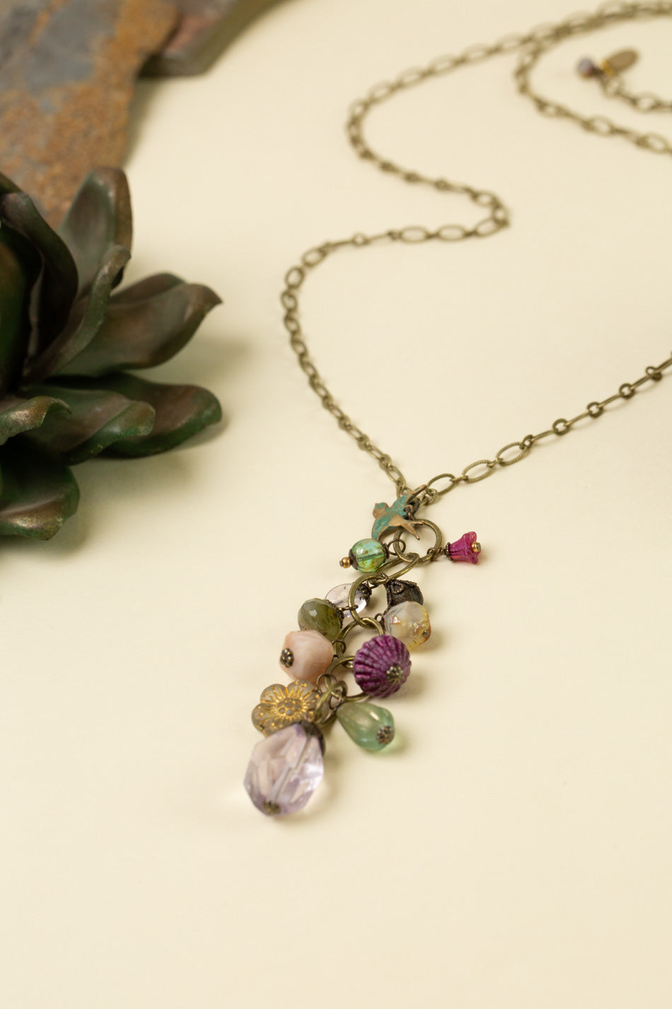 Wildflower 24-26" Czech Glass, Faceted Amethyst, Patina Sparrow, And Peach Moonstone Cluster Necklace