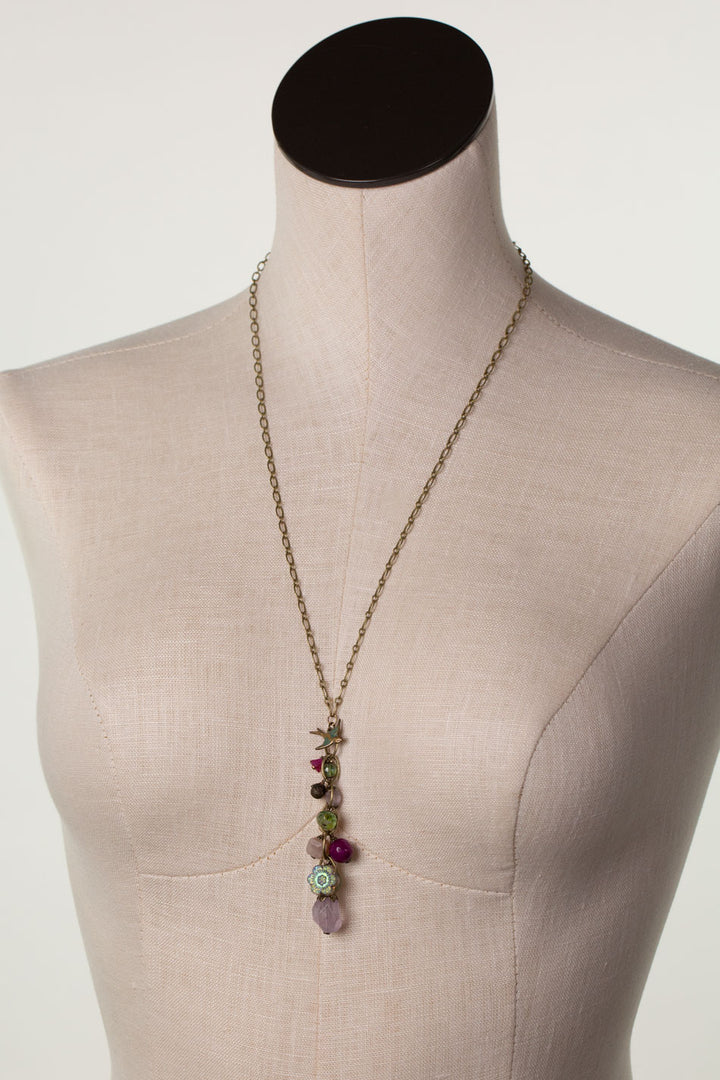 Wildflower 24-26" Czech Glass, Faceted Amethyst, Patina Sparrow, And Peach Moonstone Cluster Necklace