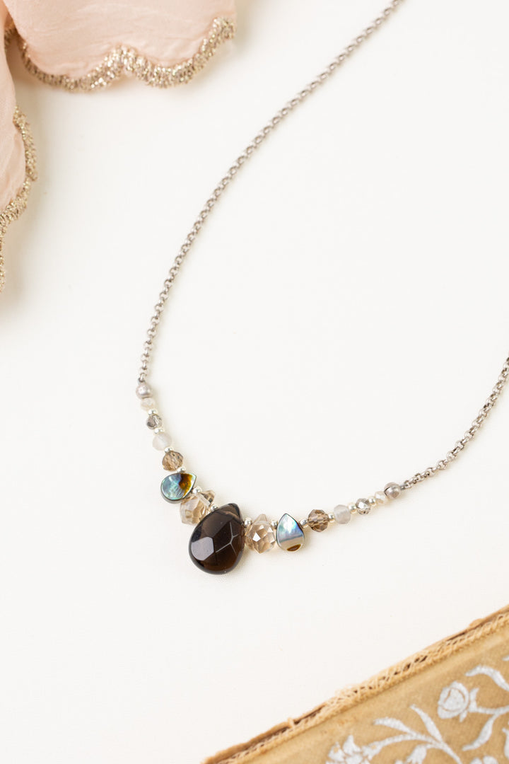 Windsor Castle 15.5-17.5" Smoky Quartz, Crystal, Abalone Simple Necklace