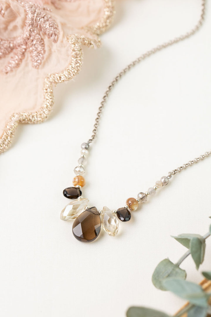 Windsor Castle 15.5-17.5" Smoky Quartz, Crystal, Abalone Simple Necklace