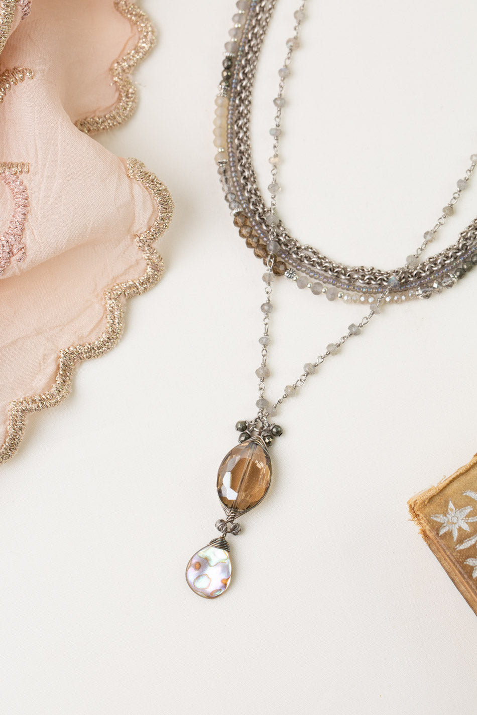 Windsor Castle 21-23" Labradorite, Pyrite, Abalone Multistrand Necklace