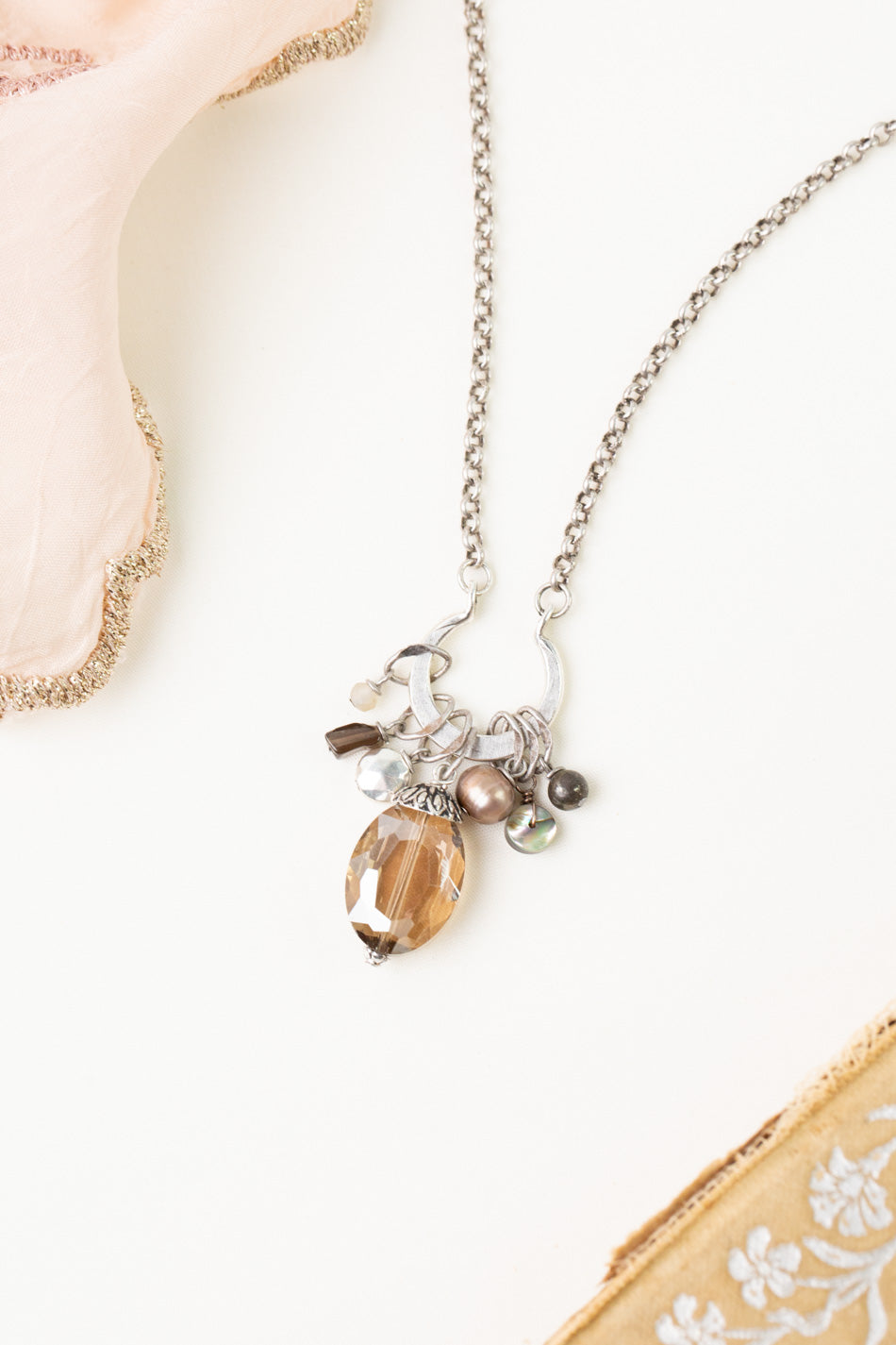 Windsor Castle 17.5-19.5" Abalone, Smoky Quartz, Freshwater Pearl Cluster Necklace